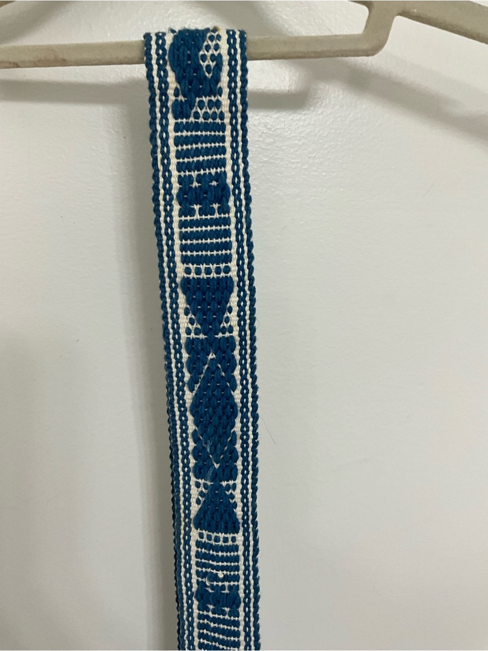 Vintage Blue Ivory Woven Sash Belt 47” Fringe Boho Folk Geometric